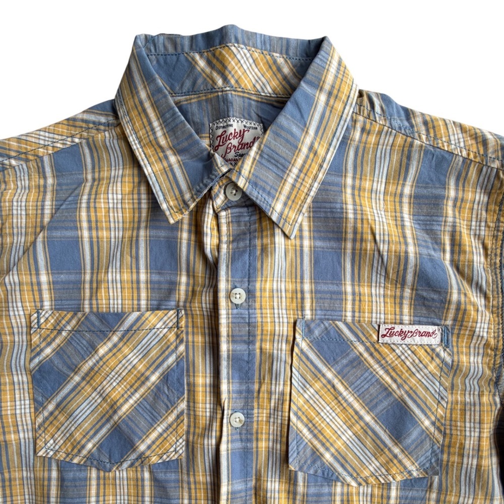 Lucky Brand Kids Western Plaid‎ Button Up Shirt Blue Yellow Long Sleeve Youth L